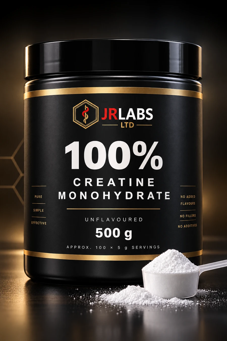 Photorealistic development concept of a JR Labs 500 g creatine monohydrate tub. Final packaging is not yet approved.